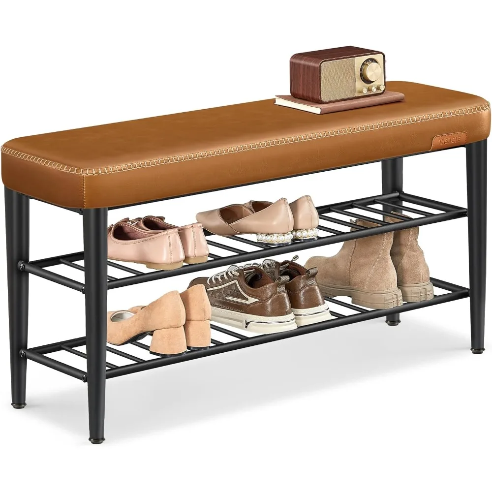 

EKHO Collection - Shoe Rack Bench, Storage Bench for Entryway, Synthetic Leather with Stitching, Mid-Century Modern