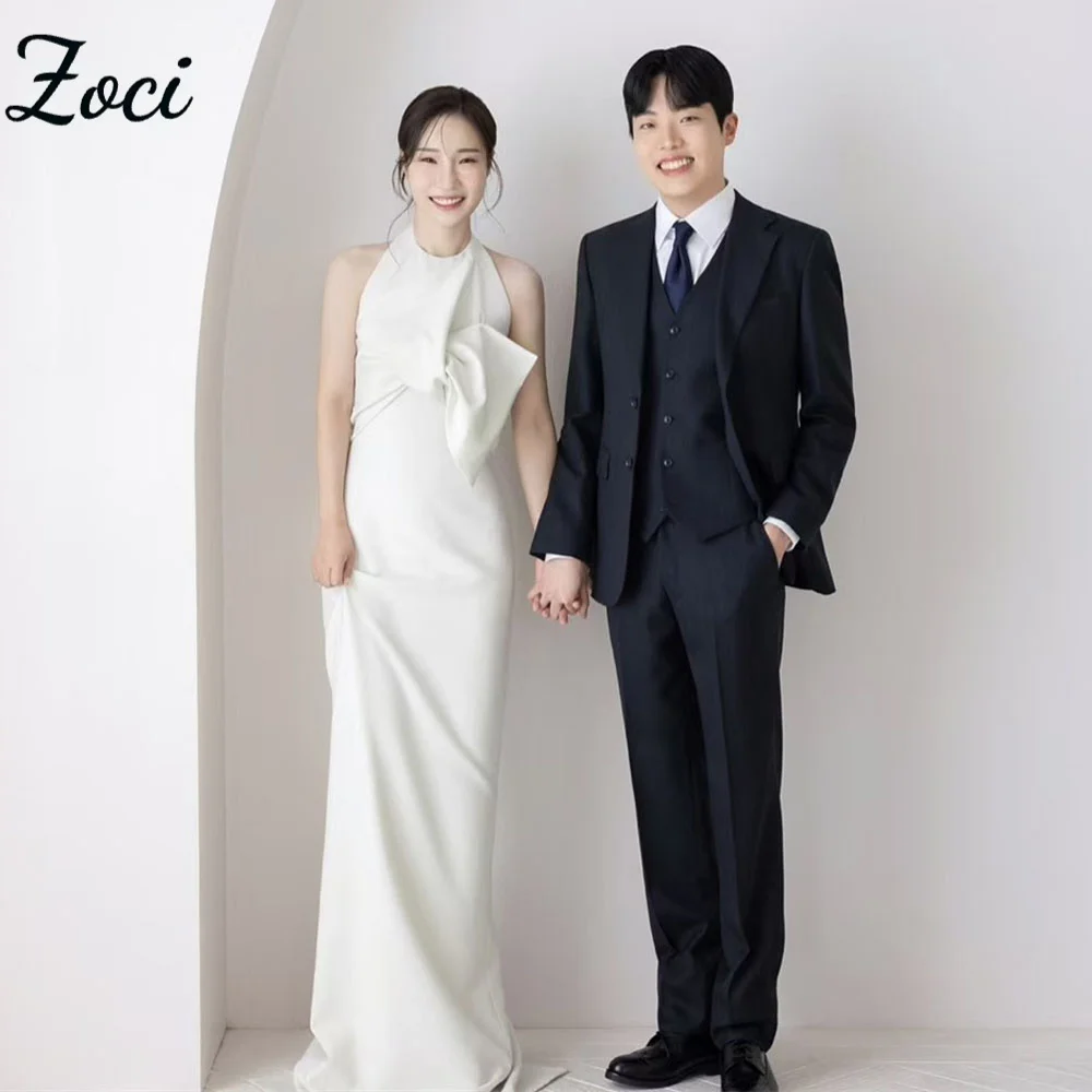 

Zoci High O Neck Korea Wedding Dresses Sleeveless Memraid Simple Satin Photos Shoot Dress Customized Backless Bridal Party Gown