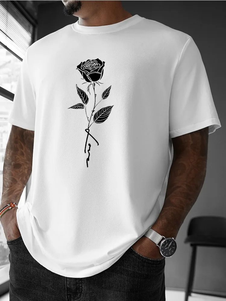 Men Summer Cotton Short Sleeve T Shirt Minimalist White Line Rose Stem Print Crew Neck Aesthetic Street Casual Male Tee