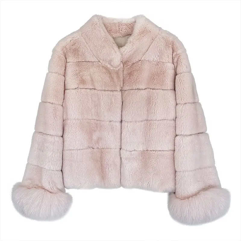 الشتاء النساء معطف فرو الأرنب الصناعي الوقوف طوق تقليد فرو المنك نصف كم سترة فروي الثعلب الشعر سترة يتدفقون الفراء القمم