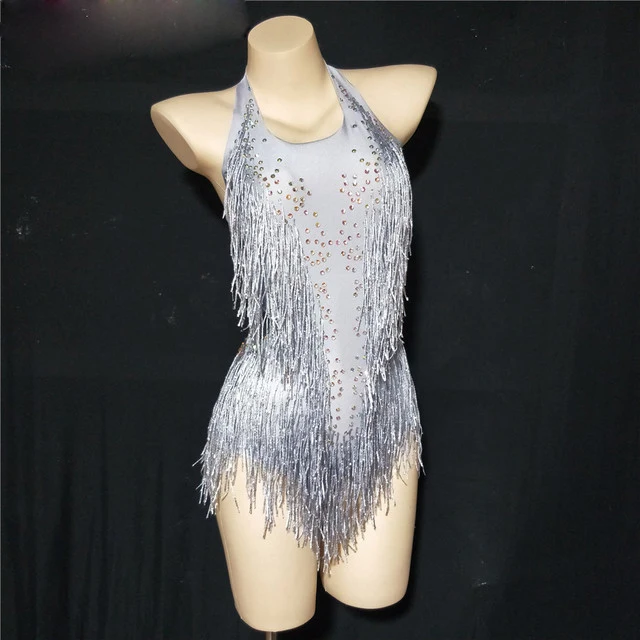 Combinaison de fête pour femmes, barboteuse avec des franges et des strass, body extensible et Sexy, tenue de fête, spectacle, scène, anniversaire