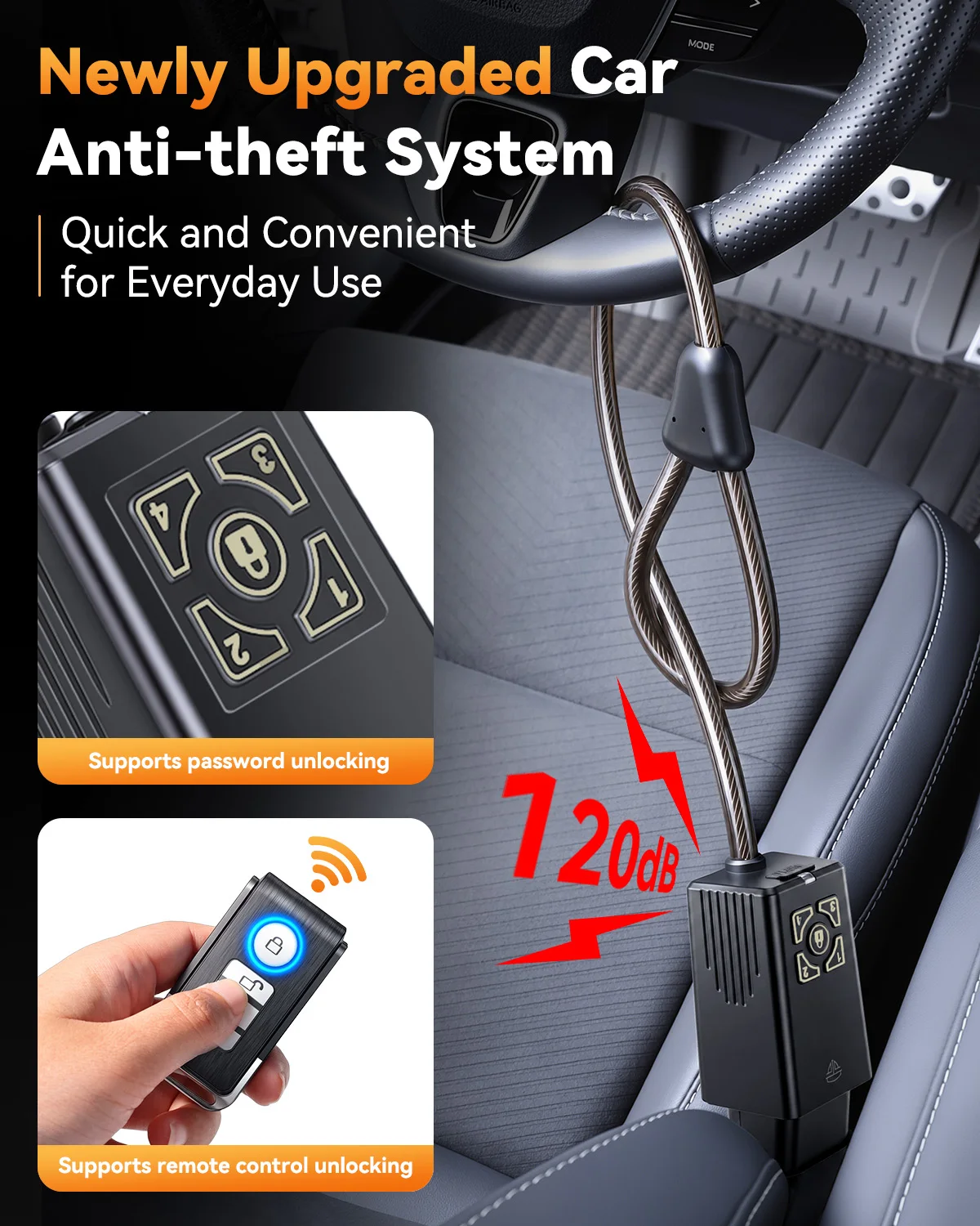 Car Steering Wheel Lock Anti theft Safety Belt Buckle Lock 120dB Vibration Alarm Cable Cut Alerts with Remote Control