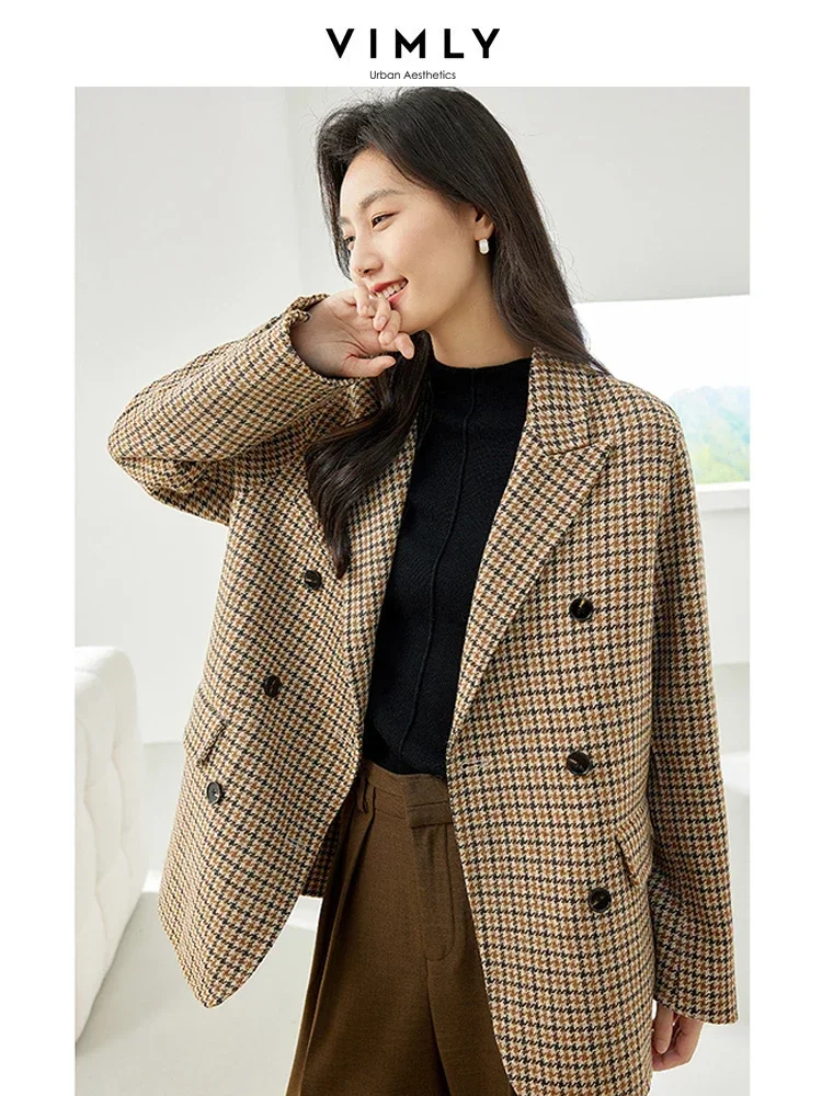 Vimly Vintage Plaid Wool Blend Coat Women 2023 Winter Office Lady Double Breasted Tailored Blazer Thick Warm Woolen Jacket 50723