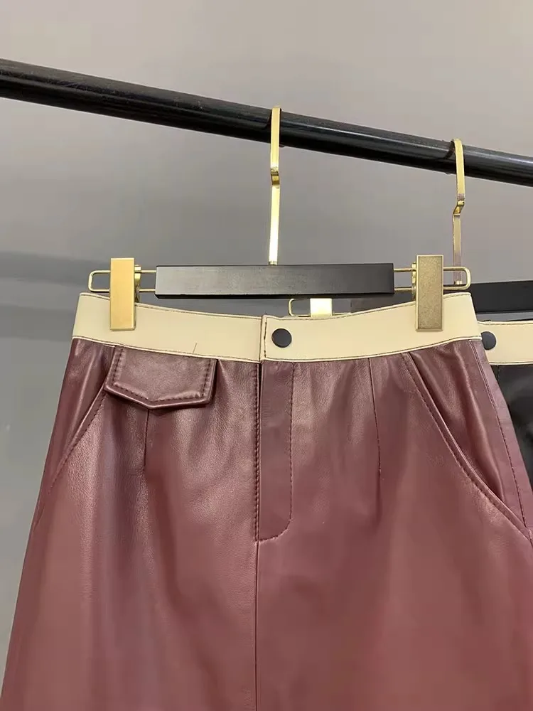 Jupe de bureau élégante pour femmes, couleurs fendues dans le dos, panneaux dans le dos, jupe de travail fendue, ligne A, en peau de mouton, en cuir véritable, nouvelle collection automne