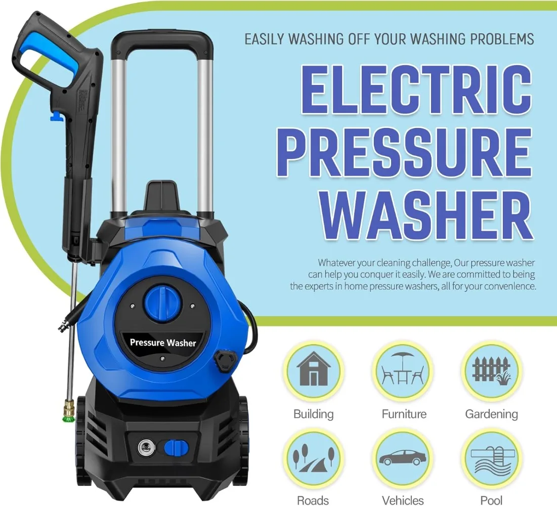 4800PSI Max 2.9 GPM Electric Pressure Washer with 25 Foot Hose, 16.4 Foot Power Cord, Blue Ideal Cleaning for Garden, Patio