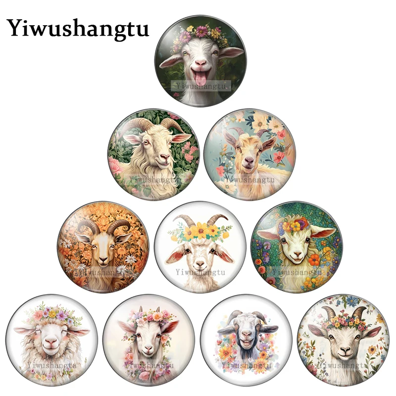 Cute cartoon sheep and goat head flowers Art Paintings 12mm/20mm/25mm Round photo glass cabochon demo flat back Making findings