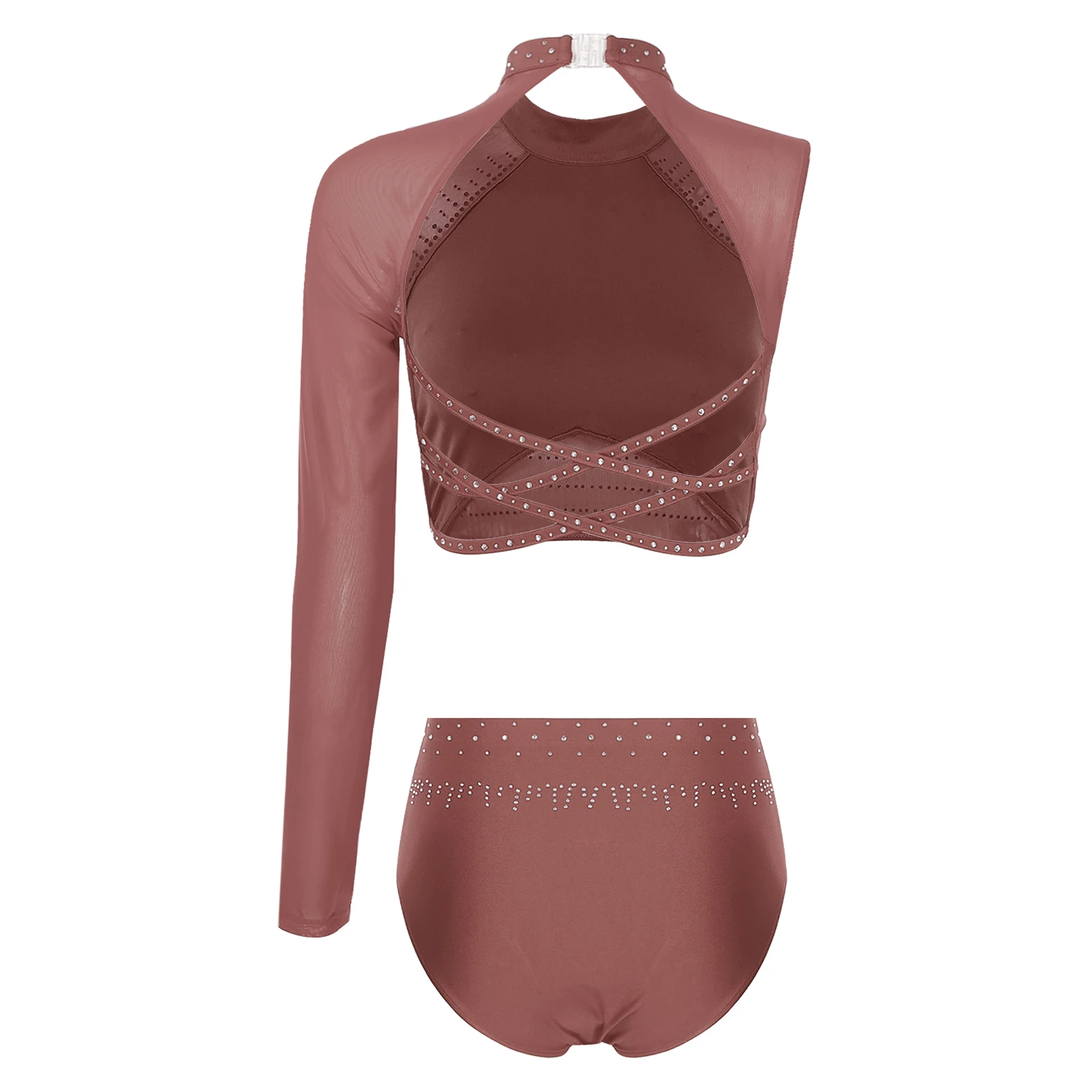 Completo da ballo per pattinaggio artistico da donna una spalla manica lunga danza classica Crop Top con slip body strass abbigliamento da ballo