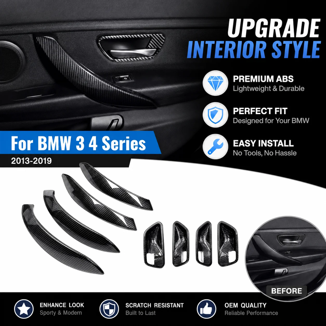 

door handle cover decoration Car Door Inner Door Bowl Cover Sticker For BMW 3 4 Series 3GT F34 F30 F36 M3 F80 F82 F83 2013-2019