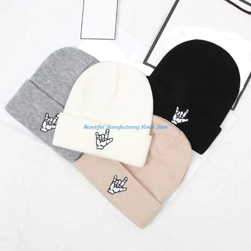 

E56A Woolen Hat Embroidery Gestures Knitted Cold Hat Wool Hat Warm Autumn Winter for Boys Girls Xmas Halloween