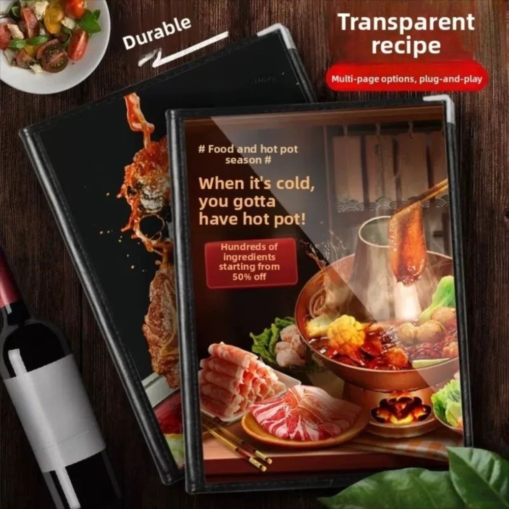 

Foldable PVC Transparent Menu Cover Metal Corners Reusable Menus Price Display Book Waterproof Protective A4 Menu Paper Holder