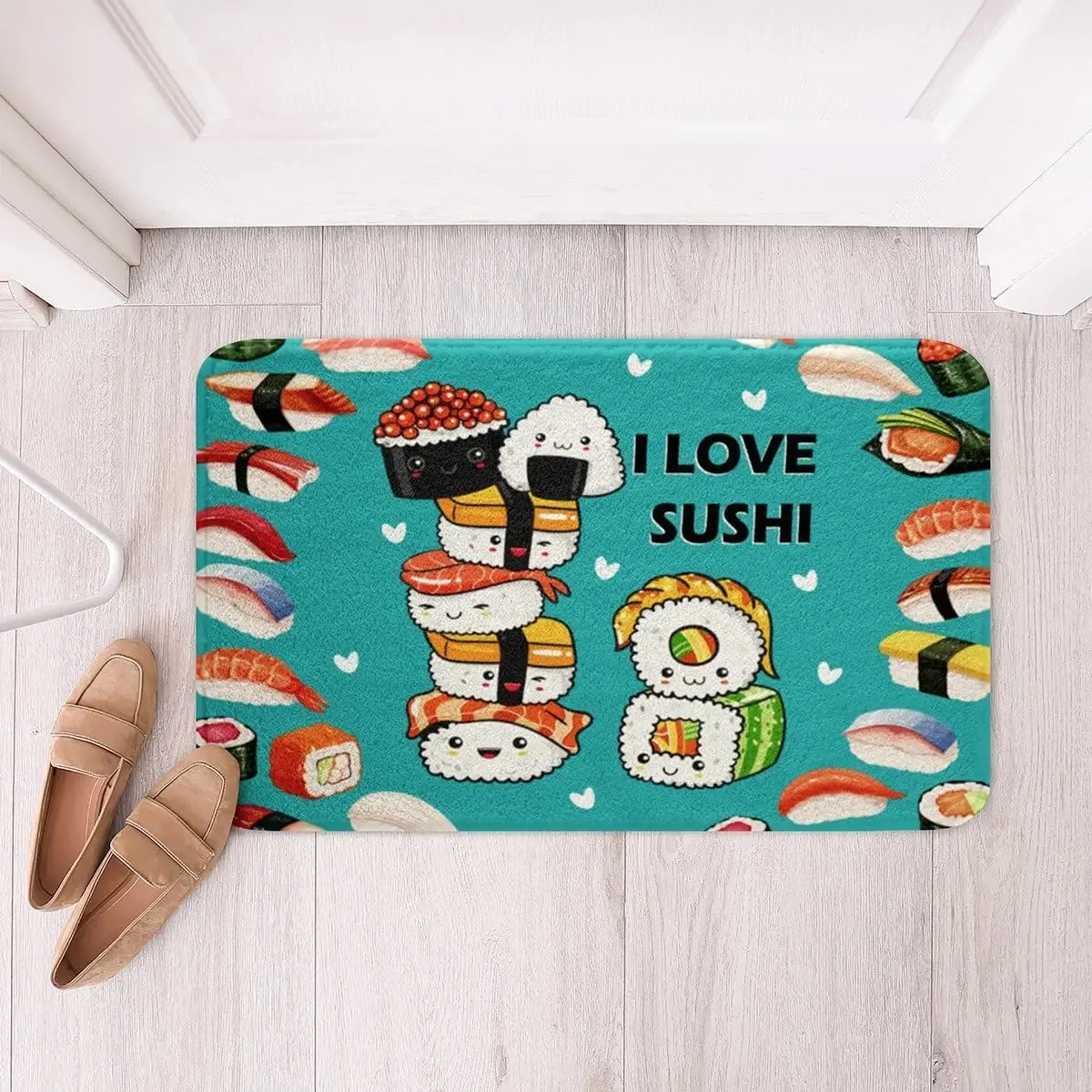 Cute Cartoon Sushi Doormat Front Door Mat Kawaii Sushi Food Letter Print Carpet for Kitchen Indoor Entrance Home Decor