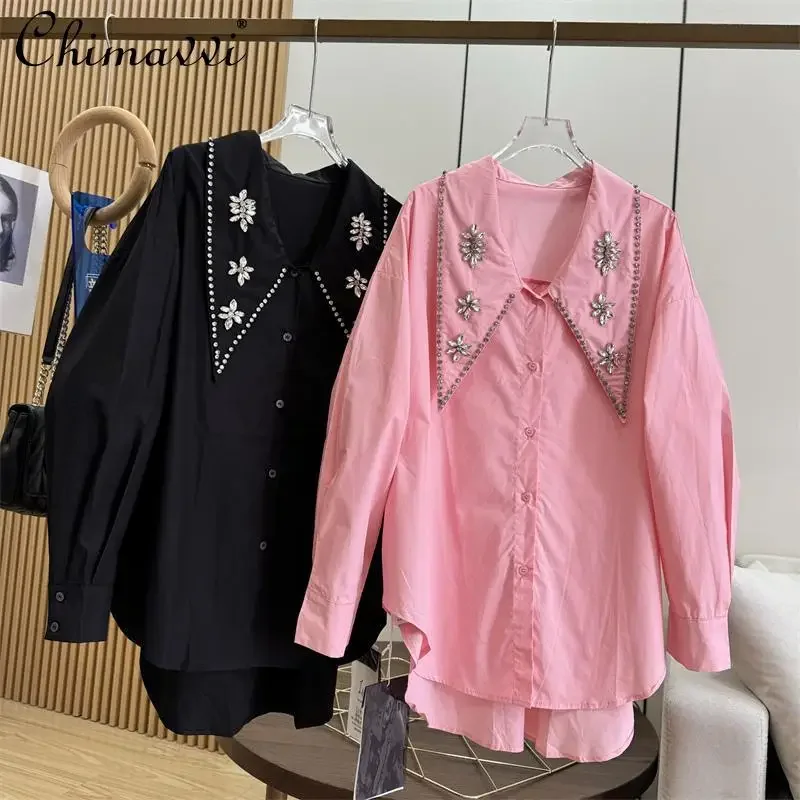 Autumn New French Celebrity Style Hand-sewn Drill Large Lapel Shirt Streetwear Loose Long-sleeved Cotton Shirt Blouse Women Top