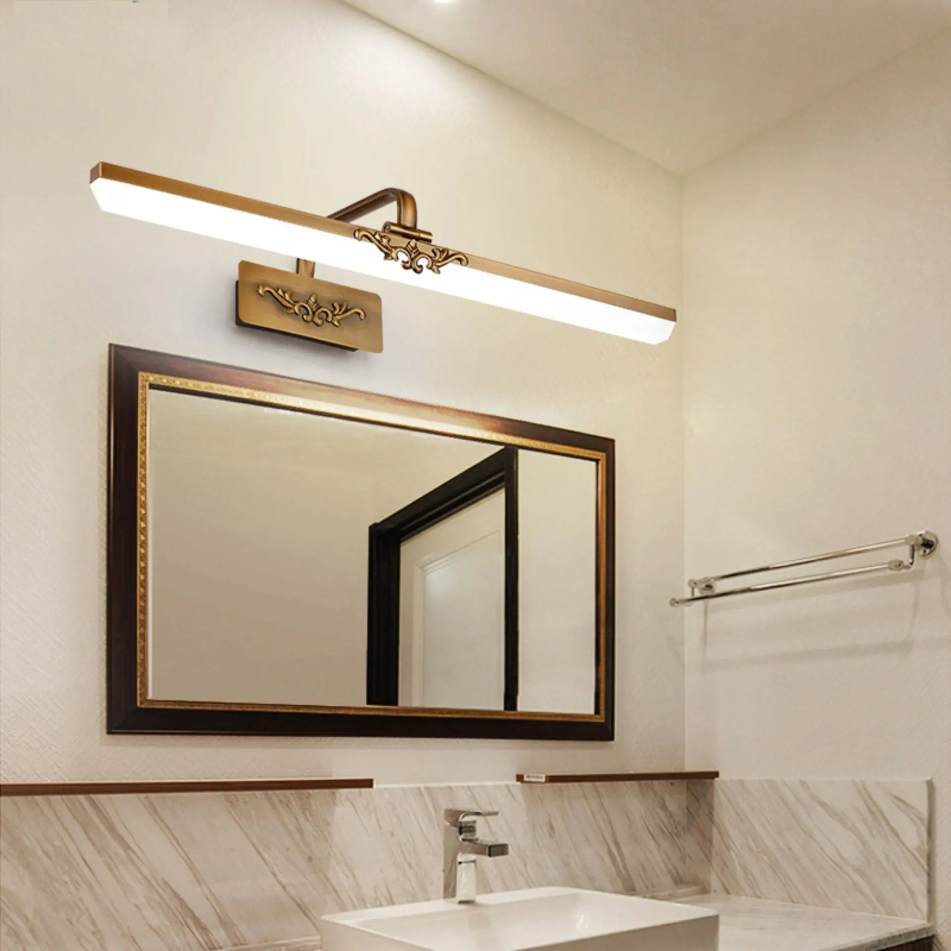 American Retro LED Mirror Light Antique Brass Carved Wall Sconce Vintage 16