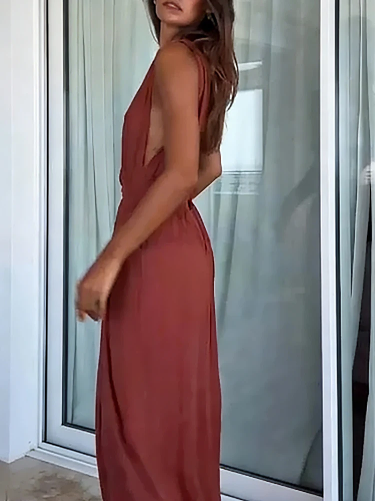 Luźne kombinezony z głębokim dekoltem w serek, bez rękawów, wiązane na szyi, z szerokimi nogawkami, eleganckie, jednolite, plisowane, letnie, nowe, idealne na wakacje na plaży.