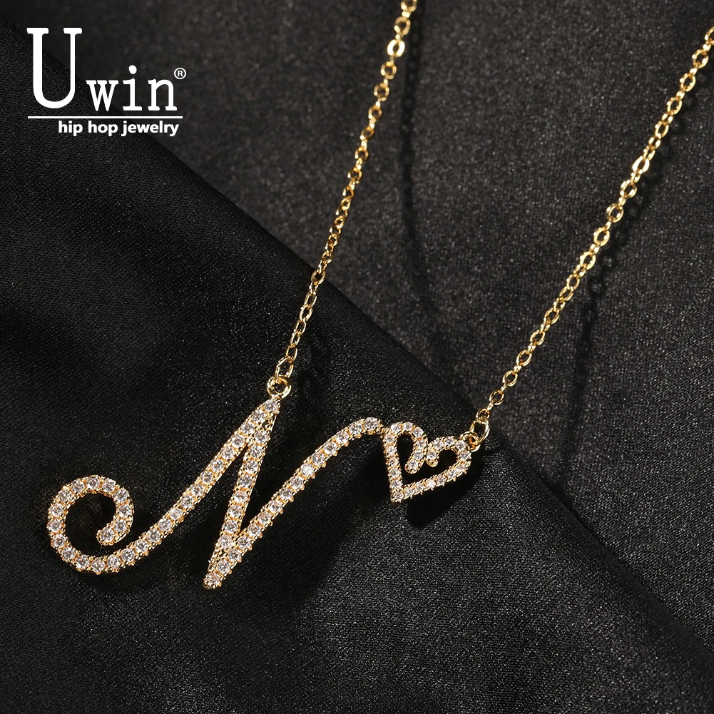 UWIN Mini Heart on Cursive Letter A-Z Name Pendant Iced Out CZ Pendant Charm Choker Necklace Hiphop Jewelry For Gift