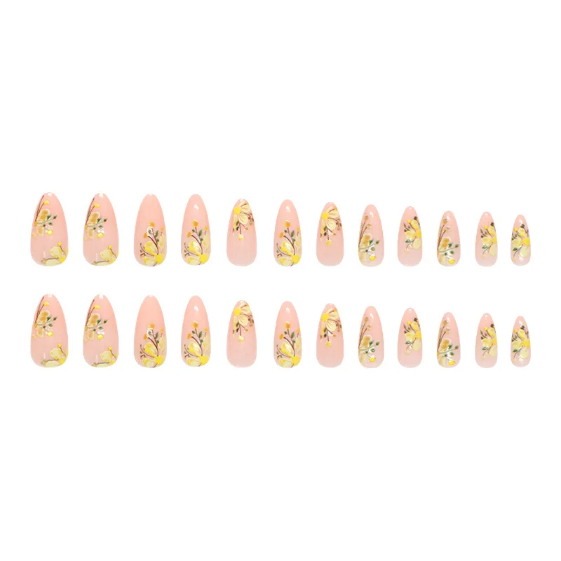 24 قطعة من أظافر الضغط على الأزهار - أزهار صفراء مشمسة على شكل اللوز المتوسط (مقاسات متعددة) ملحقات أظافر ربيعية على طراز Ins Style #5