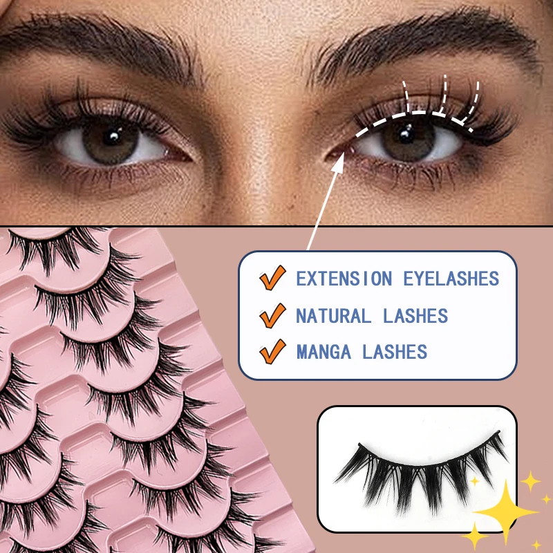 10 Paar bequeme Wimpern für den Alltag, Bühnenauftritt, mehrschichtige schwarze Stiele, natürliche falsche Wimpern, dick und l