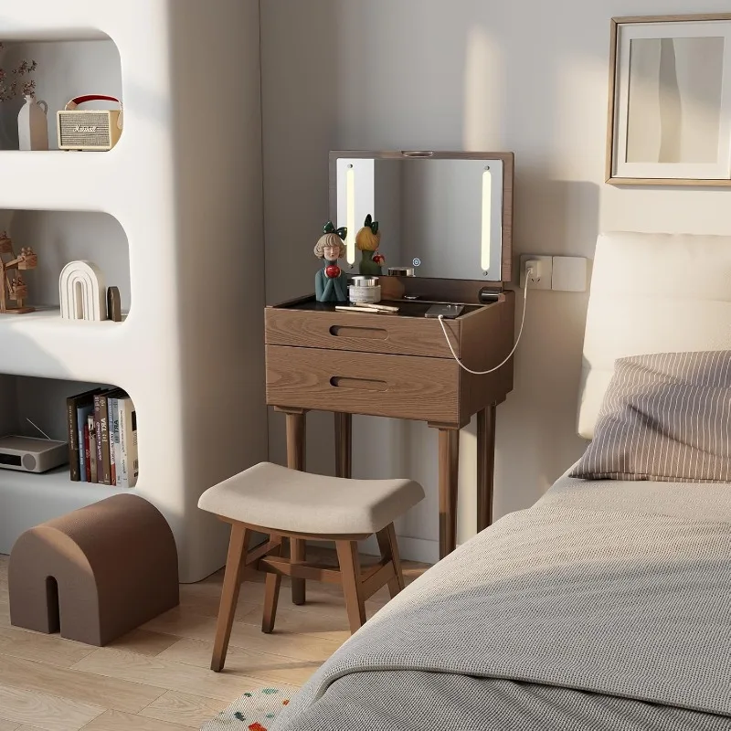 home.Solid Wood Vanity Desk with Plip Top Mirror & Lights, Vanity Table for Bedroom and Living Room (Walnut)