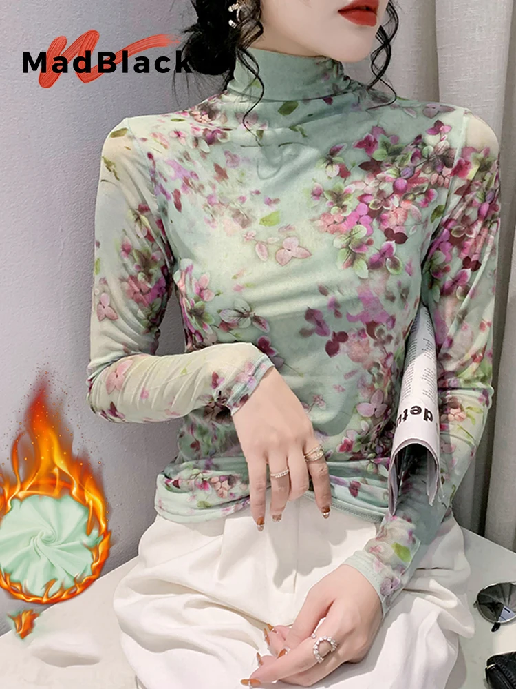 

MadBlack-Женская флисовая футболка в европейском стиле, сексуальная водолазка с цветочным принтом, винтажная тонкая футболка S-3XL с длинными рукавами, осень 2021, T5N416CC