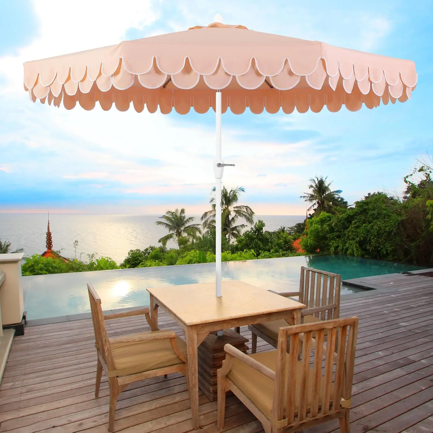 9 Foot Scalloped Outdoor Market Patio Umbrella, Deck Sunshade Canopy UV Resistant Fabric, Auto Tilt Crank Handle, Sturdy 8 Rib Aluminum Frame, Wind Vent Coastal Backyard Umbrella, Coral Pink White