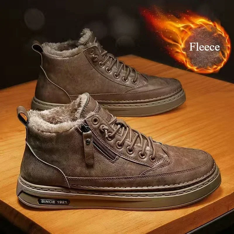 

Men's Leather Boots 2024 Winter Platform Warm Fur Ankle Boots Short Lace Up Fashion New Borwn Casual Shoes for Men Working Botas