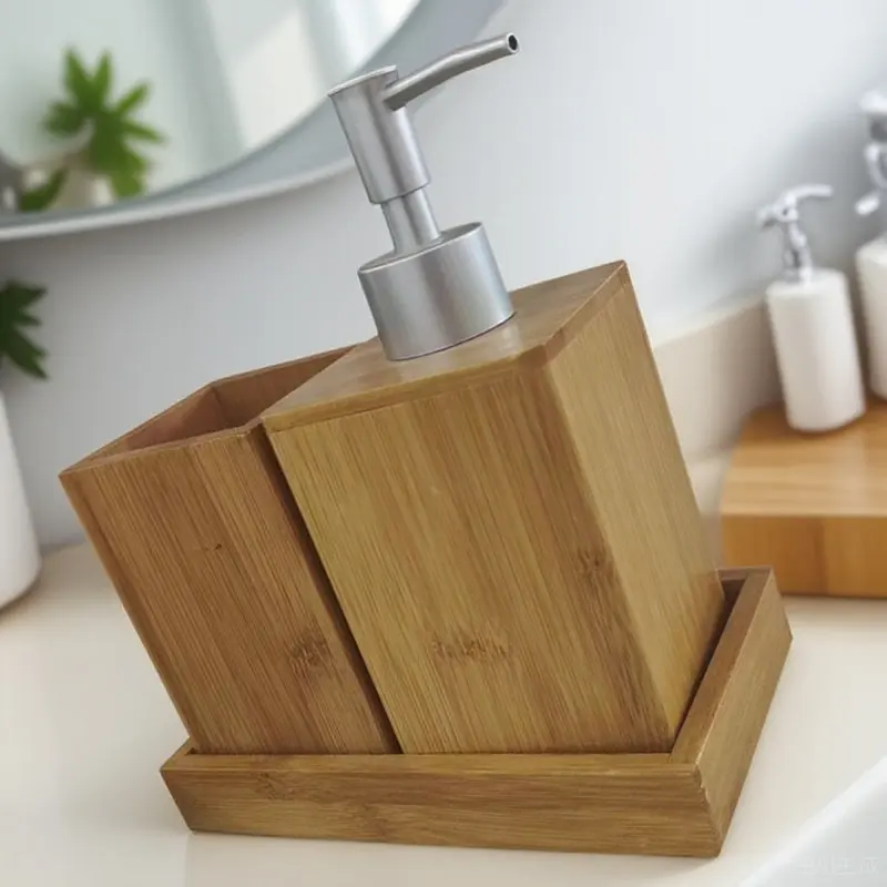 1Set Bamboo Bathroom Accessories Set Stable Lotion Dispenser Toothbrush Holder Bathroom Organization Set Smooth Surface Home Use