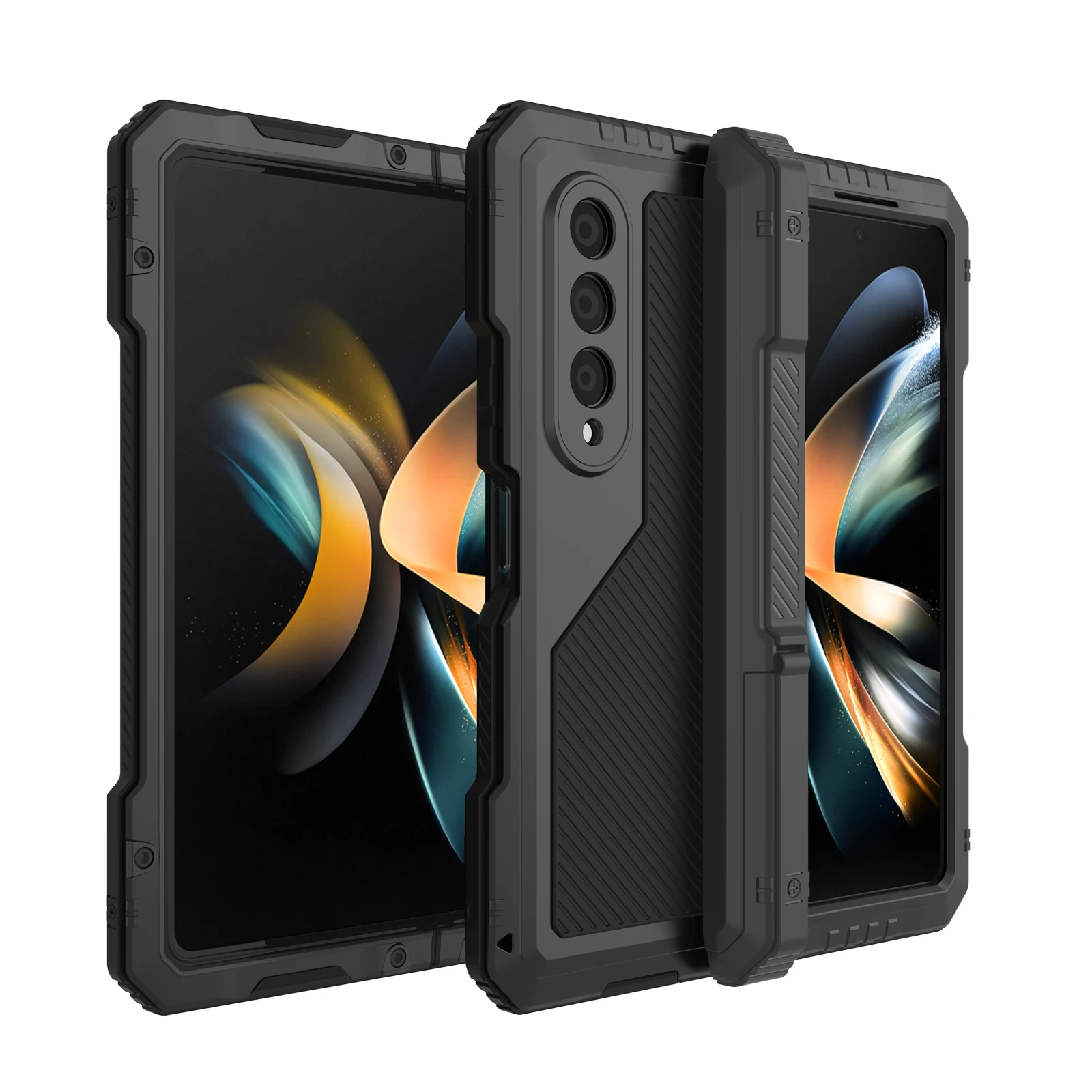 for Samsung Galaxy Z Fold 4 Metal Case with Kickstand, 3 Layers Full Body Protective Shockproof Aluminium Cover for Z Fold 4