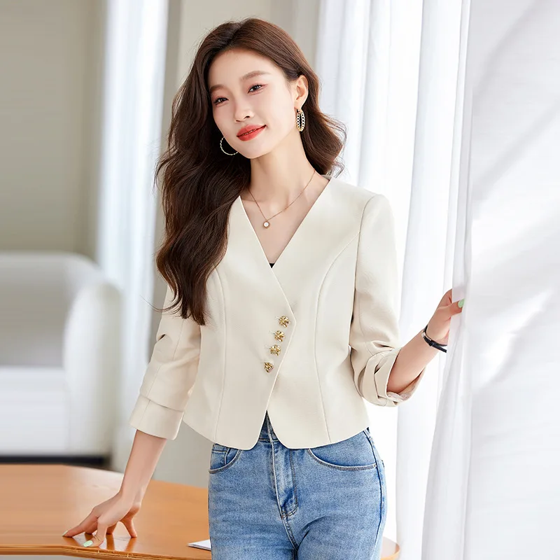 High quality short blazer for women V neck with button jacket autumn spring 2025 elegant office clothes white black grey