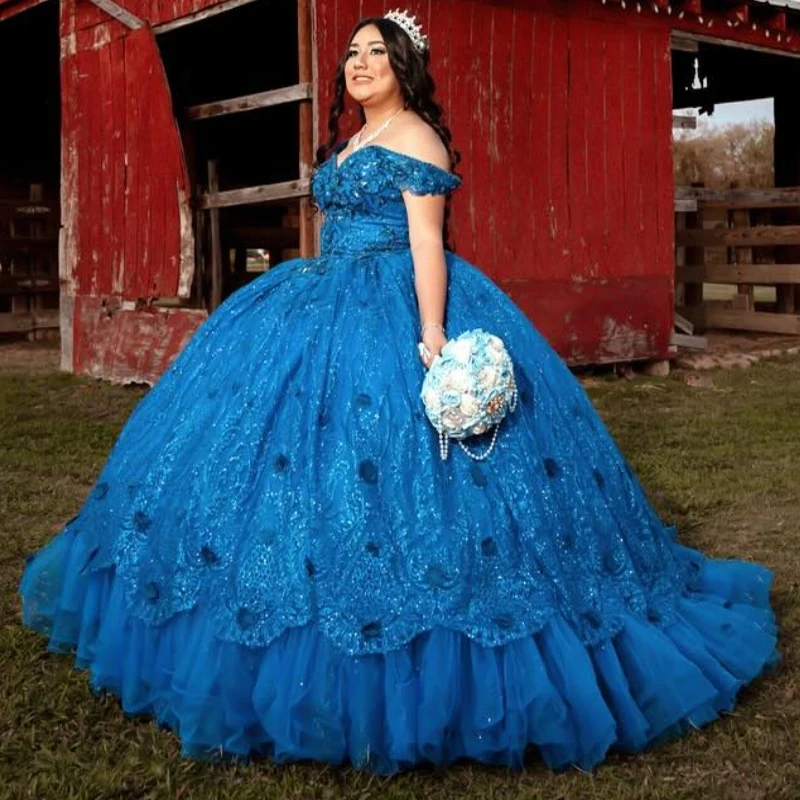 

Royal Blue Quinceanera Dresses Ball Gown Off The Shoulder Appliques Flower Beads Tull With Cape Birthday Party Sweet 16 Vestidos