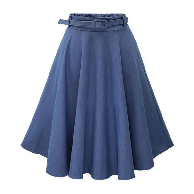 

Women's Vintage High Waist A-Line Flared Midi Skirts with Belts Summer Autumn Pleated Long Denim Skirt