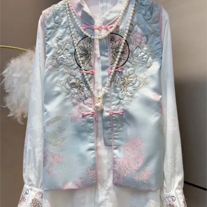 Fat Sister New Chinese Style National Disc Embroidered Vest Long Sleeve Undershirt Set