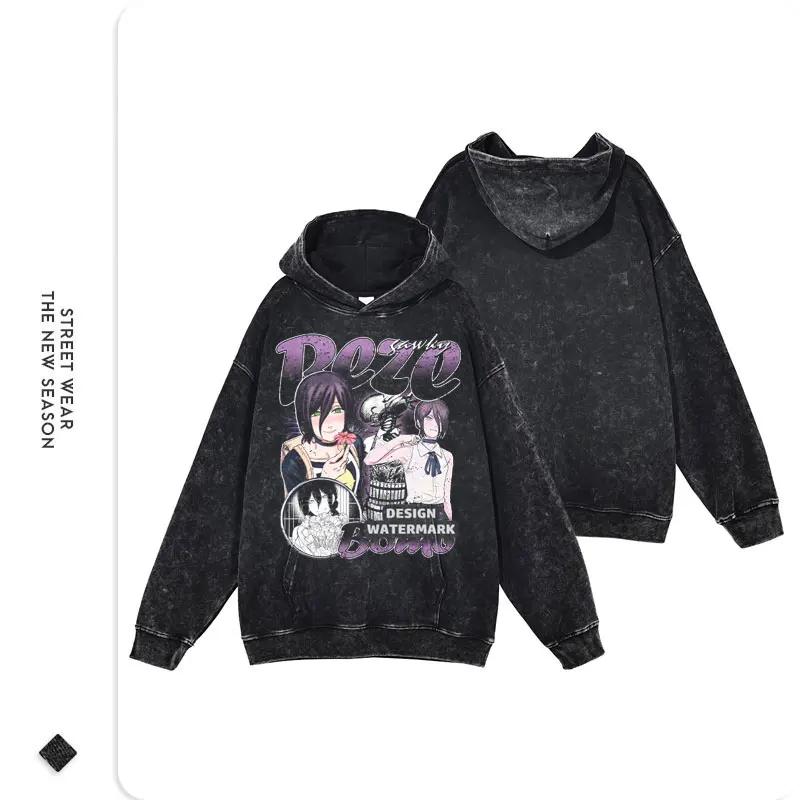 Bluzy Anime Chainsaw Man Denji Makima Aki Reze Nadruk Vintage Sprane Bluzy z Kapturem Oversize Męskie Bluzy Bawełniane