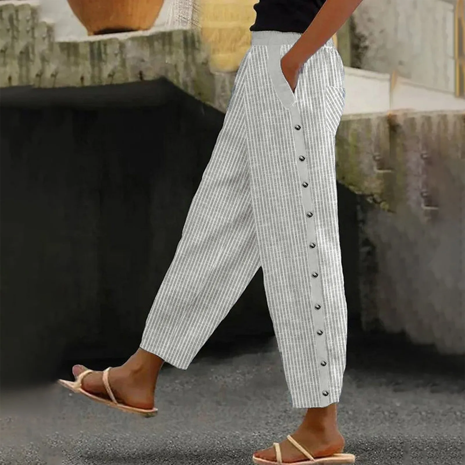 

Women's Casual Pants Stripe Printing Harem Pant Elastic Waist Button Loose Pants Summer Fashionable Versatile Wide Leg Trousers