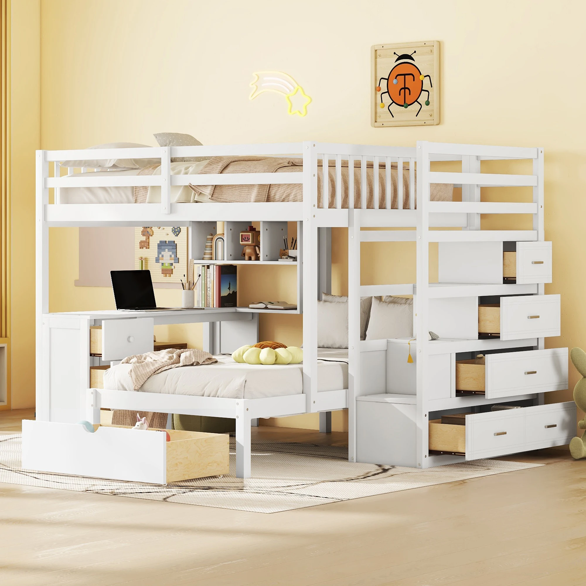 Full Over Twin Bunk Bed with Desk, Drawers, Shelves, White   97.90x80x64.60 in.