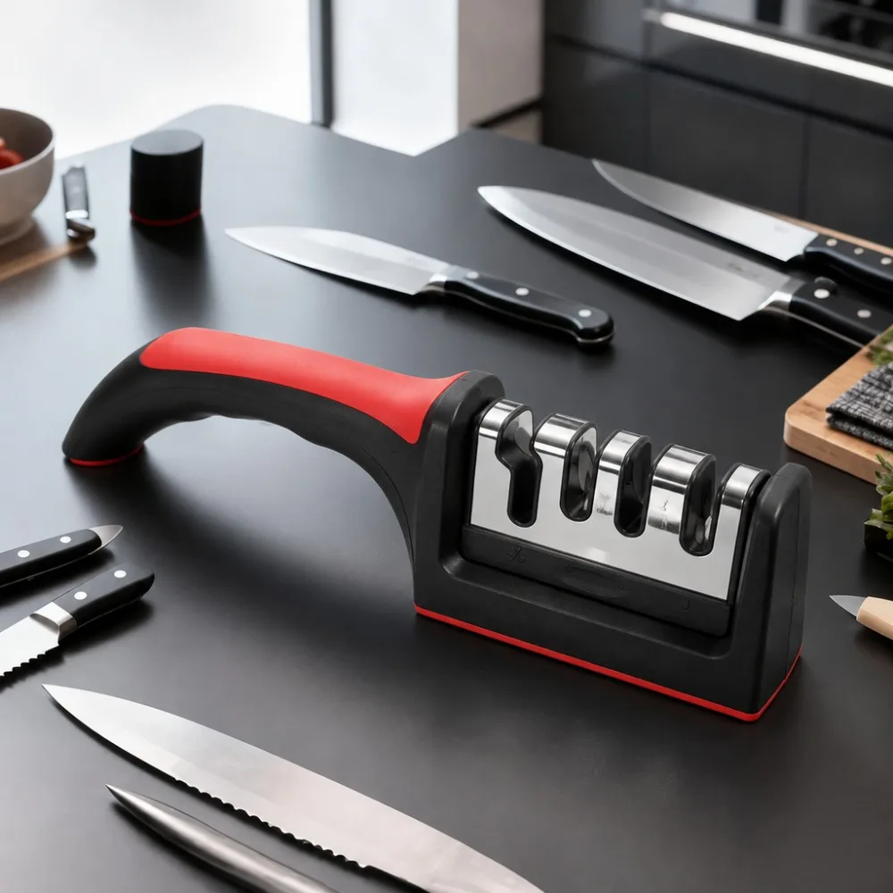 Kitchen 4-Segment Knife with Gift Sharpener Household Multi-Functional Hand-Held 4Purpose Sharpening Tool Ceramic Grinding Wheel