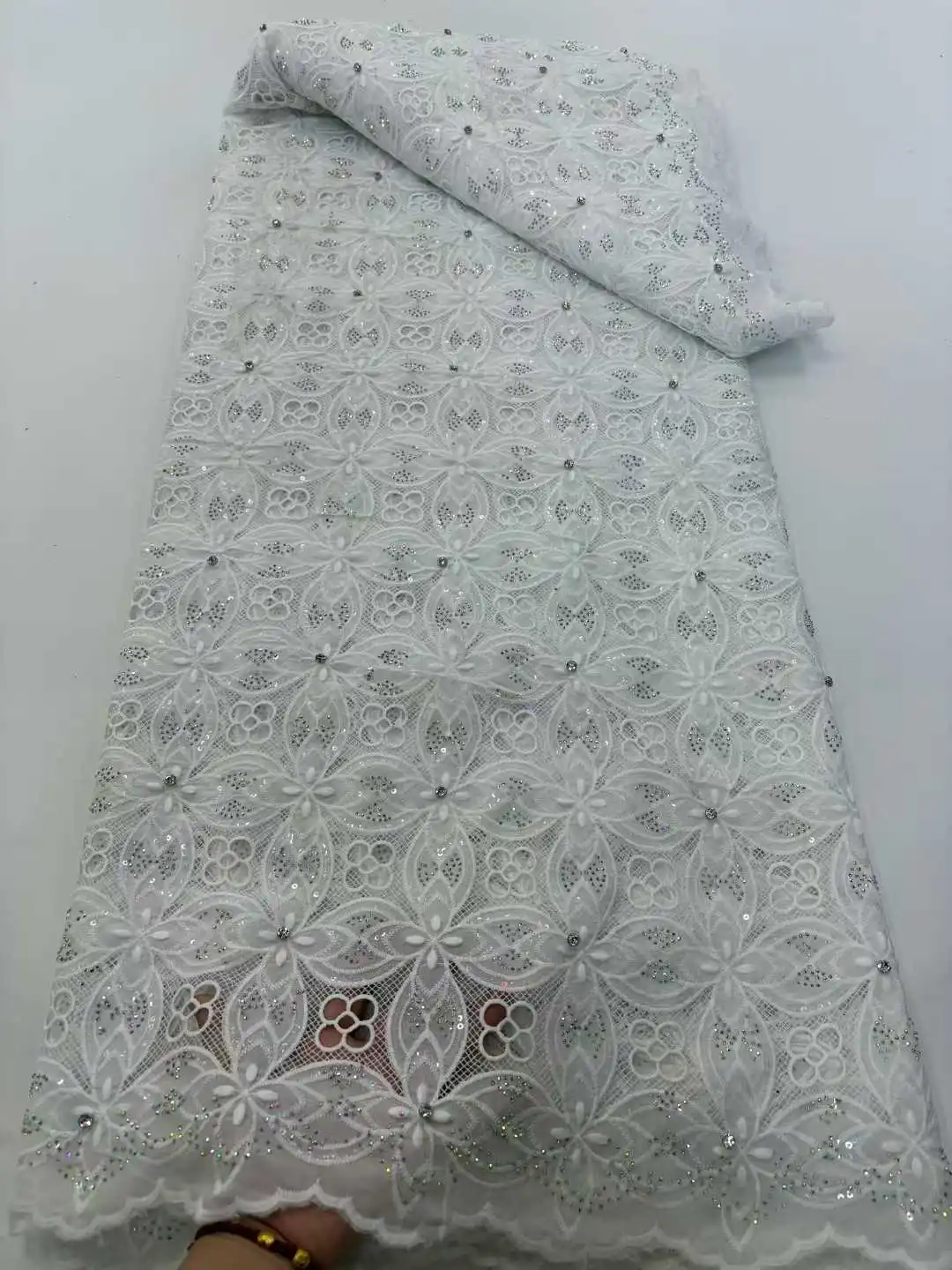 

African Lace Fabric High Quality Cotton Embroidery Rhinestone Linen Prom Dresses Tulle Design 5 Yards