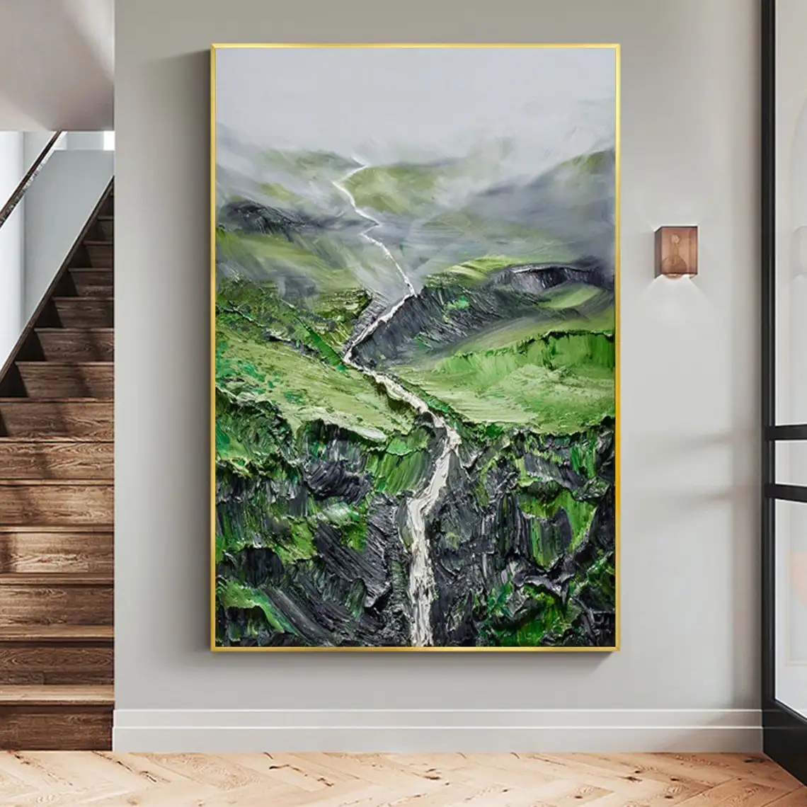 

Пейзажная картина маслом на холсте, текстурированная настенная живопись, абстрактная картина с зеленой горной и рекой, картина на заказ, декор для стен спальни