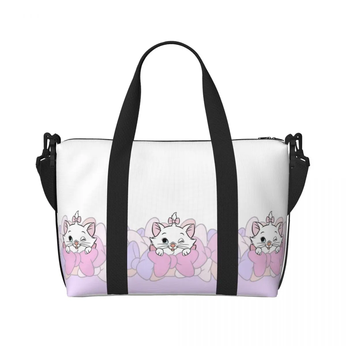 Custom M-Marie Cat Cartoon Beach Tote Bag for Women Extra Large Gym Carry On Travel Shopping Bags