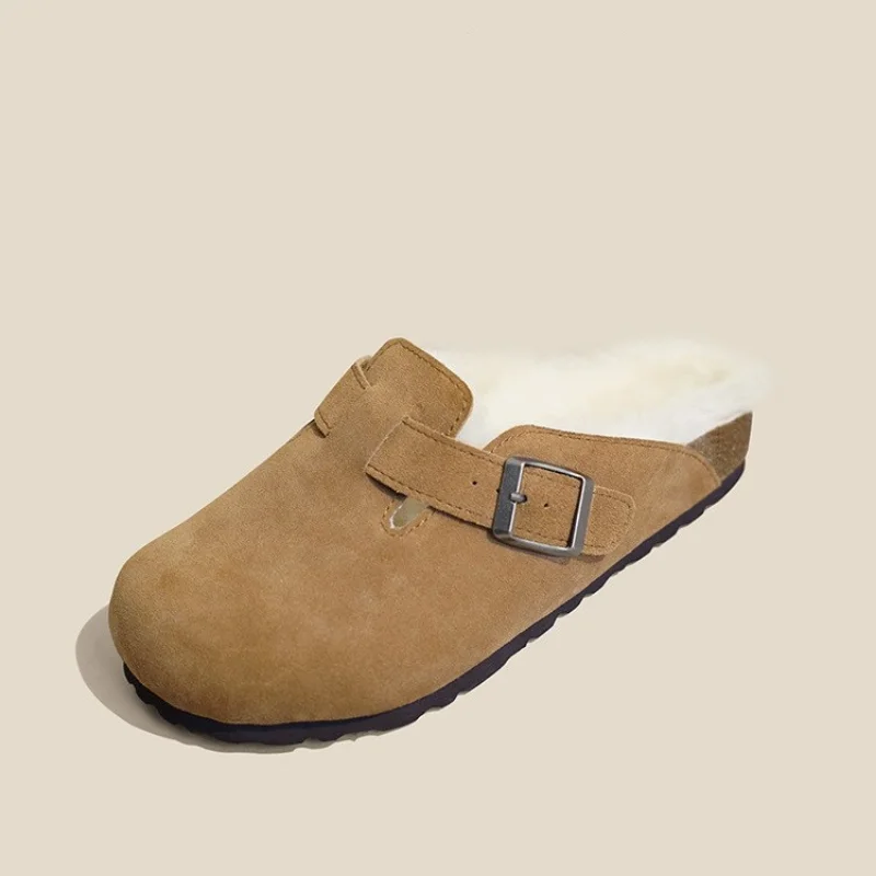 2023 Fashion Winter Fur Slipper Leather Mule Clogs Slippers Long Plush Warm Indoor Soft Cork Buckle Slides Footwear for Women