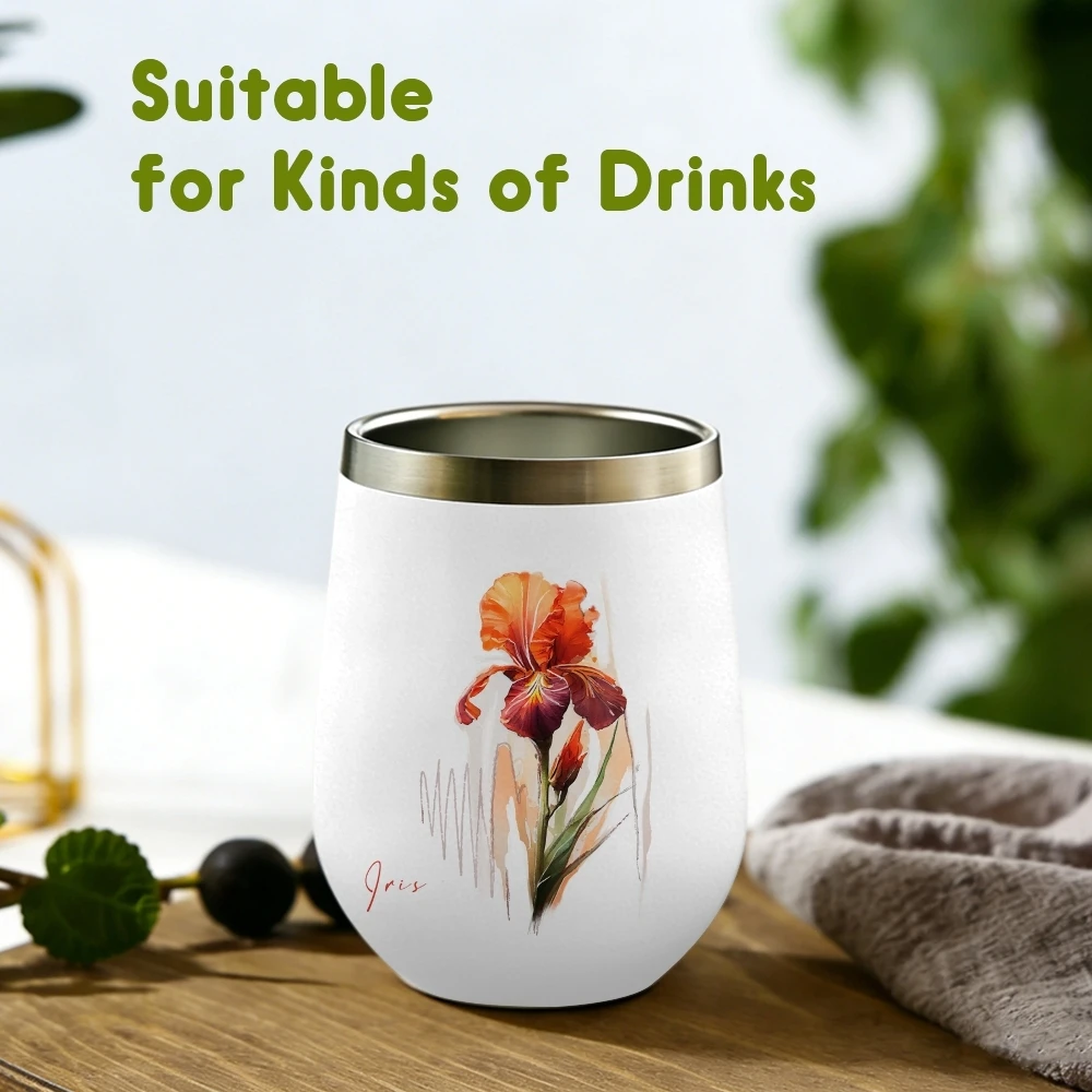 Beautiful Iris Watercolor Flower Vacuum Flasks 12oz Insulated Wine Tumbler Vacuum Coffee Mug Egg Shape Thermos Cup