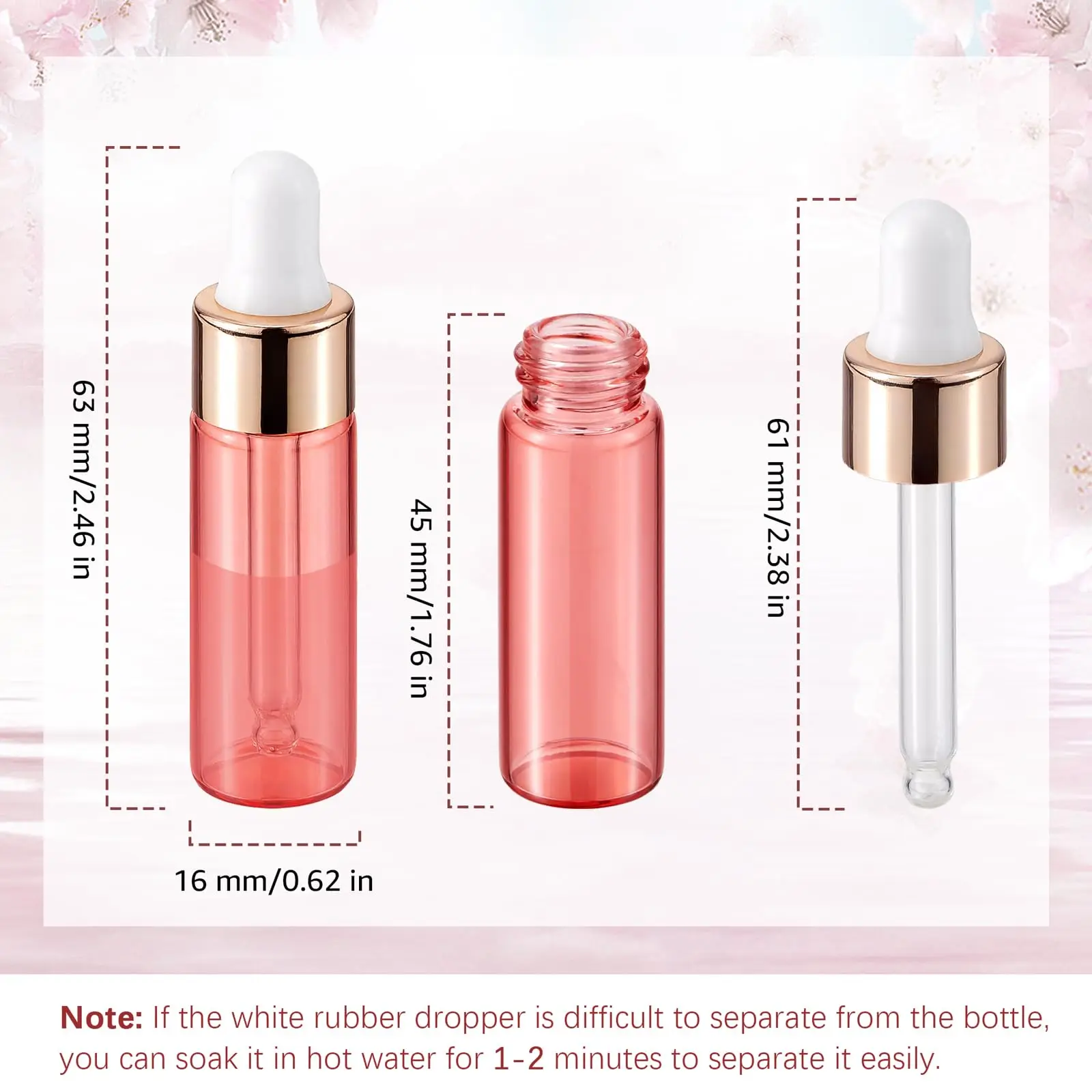 Confezione da 100 flaconi contagocce per oli essenziali rosa, fiale vuote per campioni in vetro con contenitore per liquidi per aromaterapia con profumo in tubo di vetro