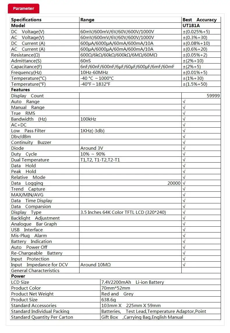 UNI-T UT181A haute précision True RMS DC 1000V tout en un multimètre numérique Portable