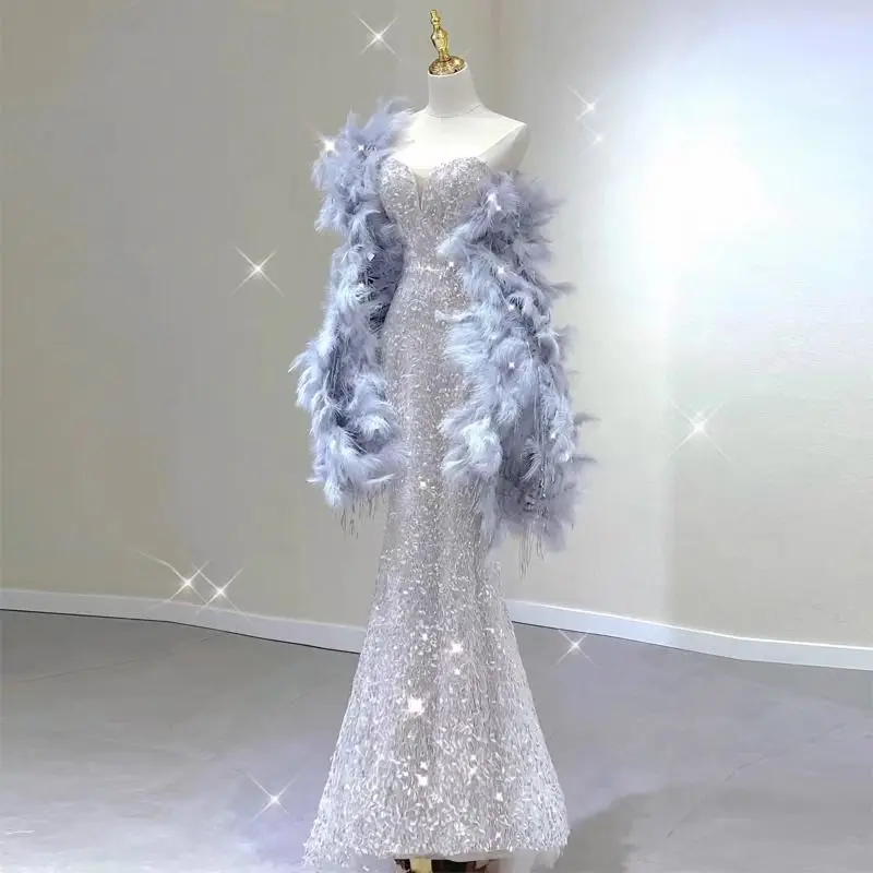 

Женское вечернее платье Ele, новинка 2024, высококачественное платье на бретельках с блестками и перьями, роскошное платье, сексуальный пояс Sle Lo...