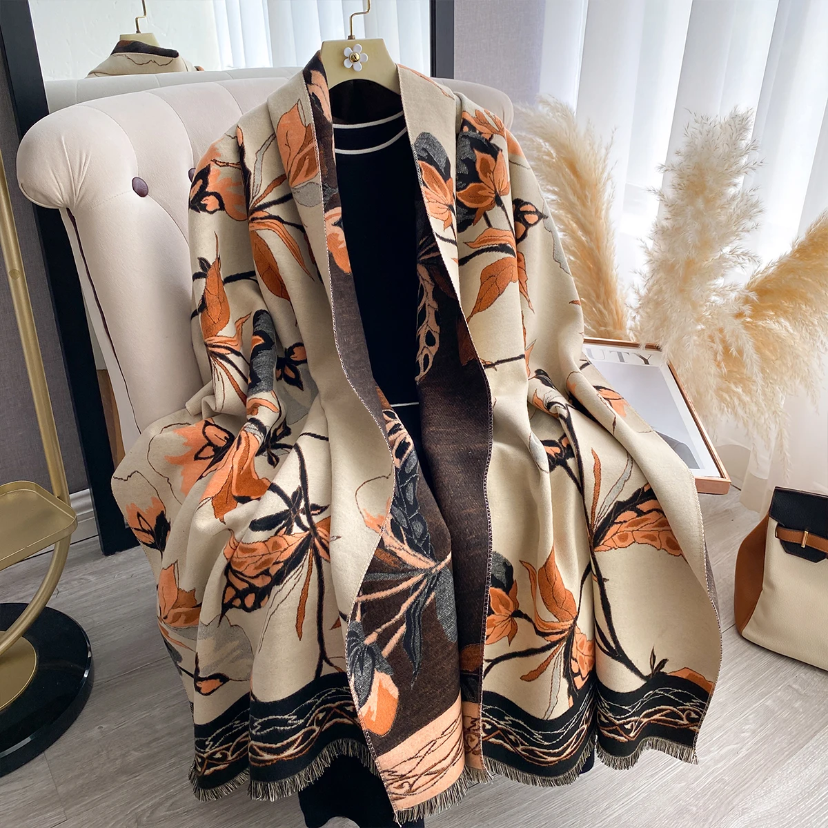 

2025 New Women New Two Sided Print Imitation Cashmere Scarf Soft Warm Pashmina Shawl Autumn Winter Coldproof Windproof Blanket