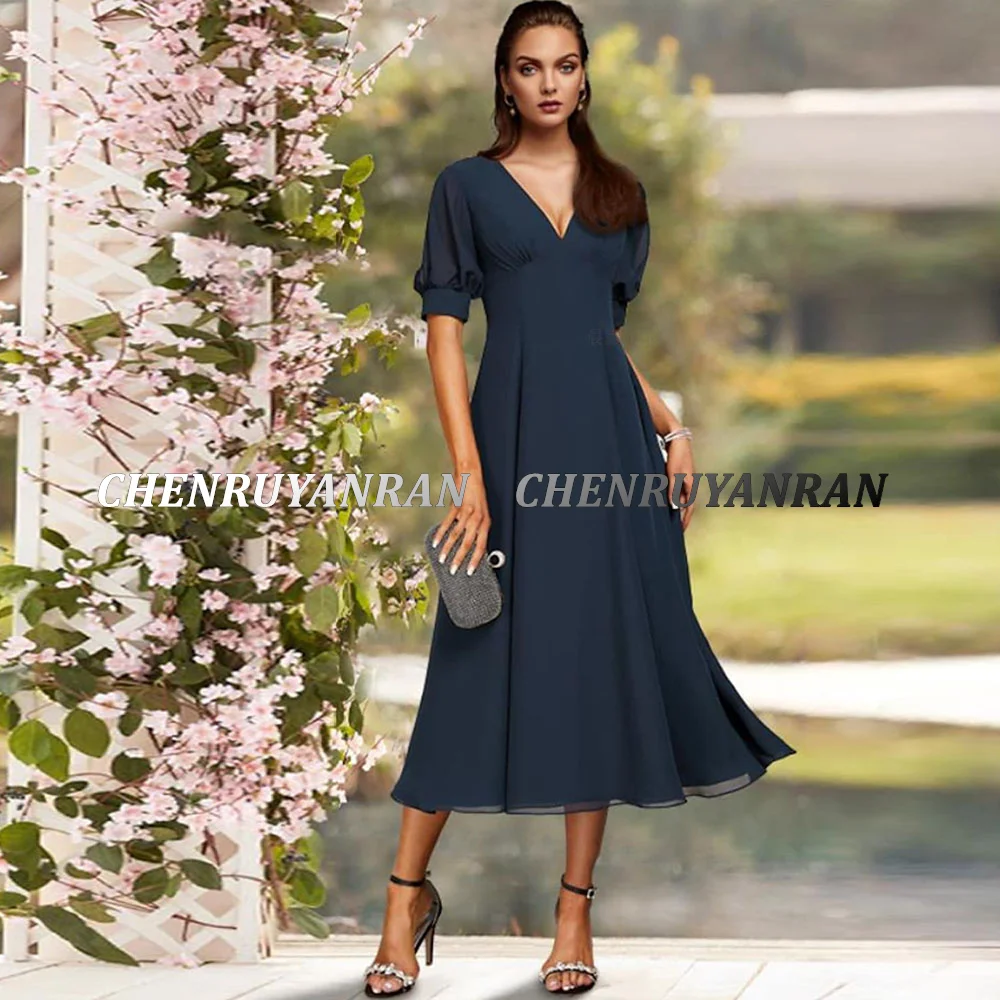Chiffon Mother of the Bride Dresses 2025 V-Neck Simple Wedding Guest Gowns Tea-Length Blue Elegant Dress Women For Wedding Party
