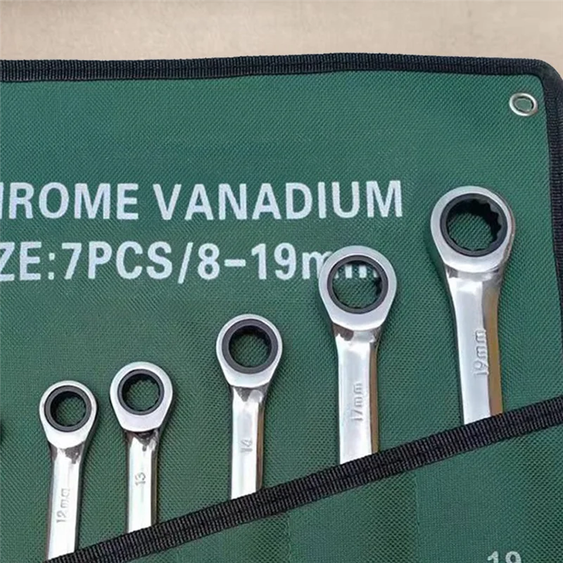 A72P Dual-Purpose Ratschenschlüssel 7-teiliges Set in Stoffbeutel Spiegelschlüssel Schraubenschlüssel mit offenem Ende