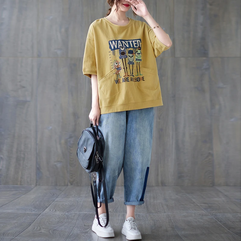 Johnature Round Neck Cartoon Print Short Sleeve Loose T-Shirt 2024 Summer New Pocket Simple Pullover Women Casual T-Shirts