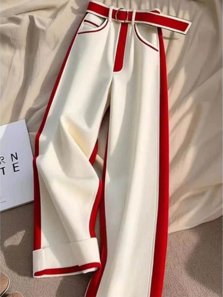 

Бело-красные лоскутные утолщенные теплые брюки для женщин Y2k, прямые свободные широкие брюки, новинка весны 2024, брюки с высокой талией