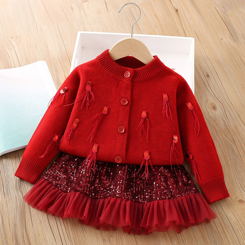 1-6Y Girls Spring Autumn 2PCS Clothes Set Solid Patchwork Metal Heart Kid Girl Cardigan Sequin Lace Hem Toddler Girls Skirt Suit