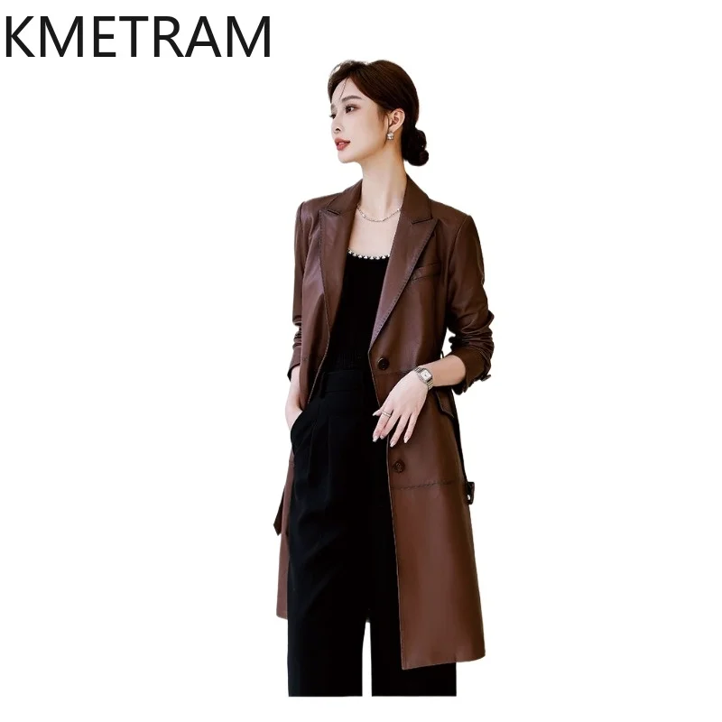 KMETRAM Genuine Top-Layer Sheepskin Leather Jacket Woman Fashion Belted Coats Mid-Length Slim Trench Coat Women Clothing 2026 가죽